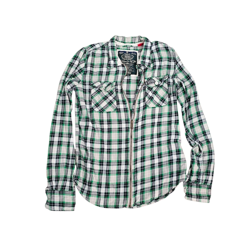 Superdry Womens Plaid Flannel Long Sleeve Zipper Front Shirt Large‎ Blue Green